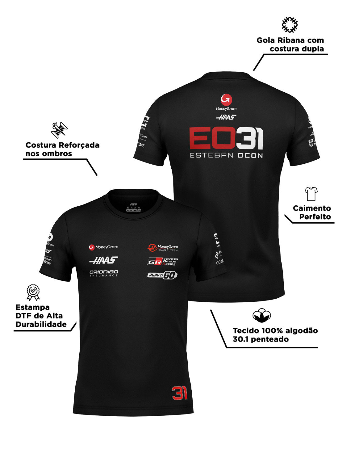 Camiseta Algodão Haas Esteban Ocon Preto 2025