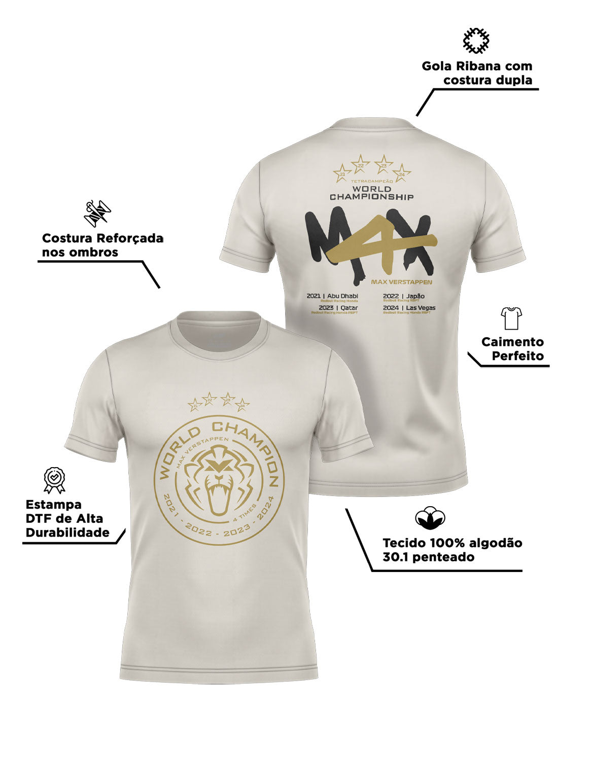 Camiseta Max Verstappen Campeão Mundial 2024 Off White Algodão