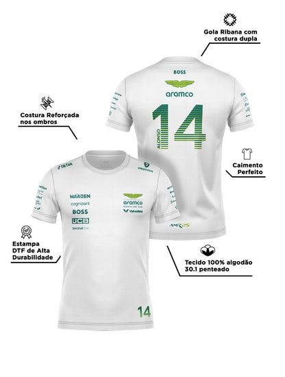 Camiseta Algodão Aston Martin Fernando Alonso Branco 2025