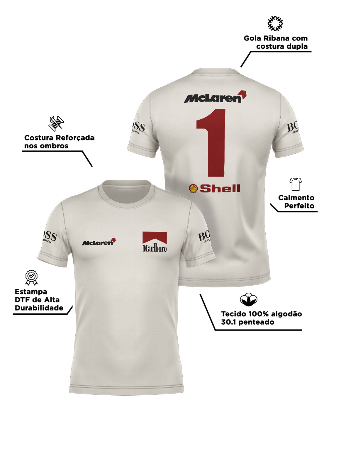 Camiseta Algodão Mclaren Marlboro Retrô anos 90 Off White