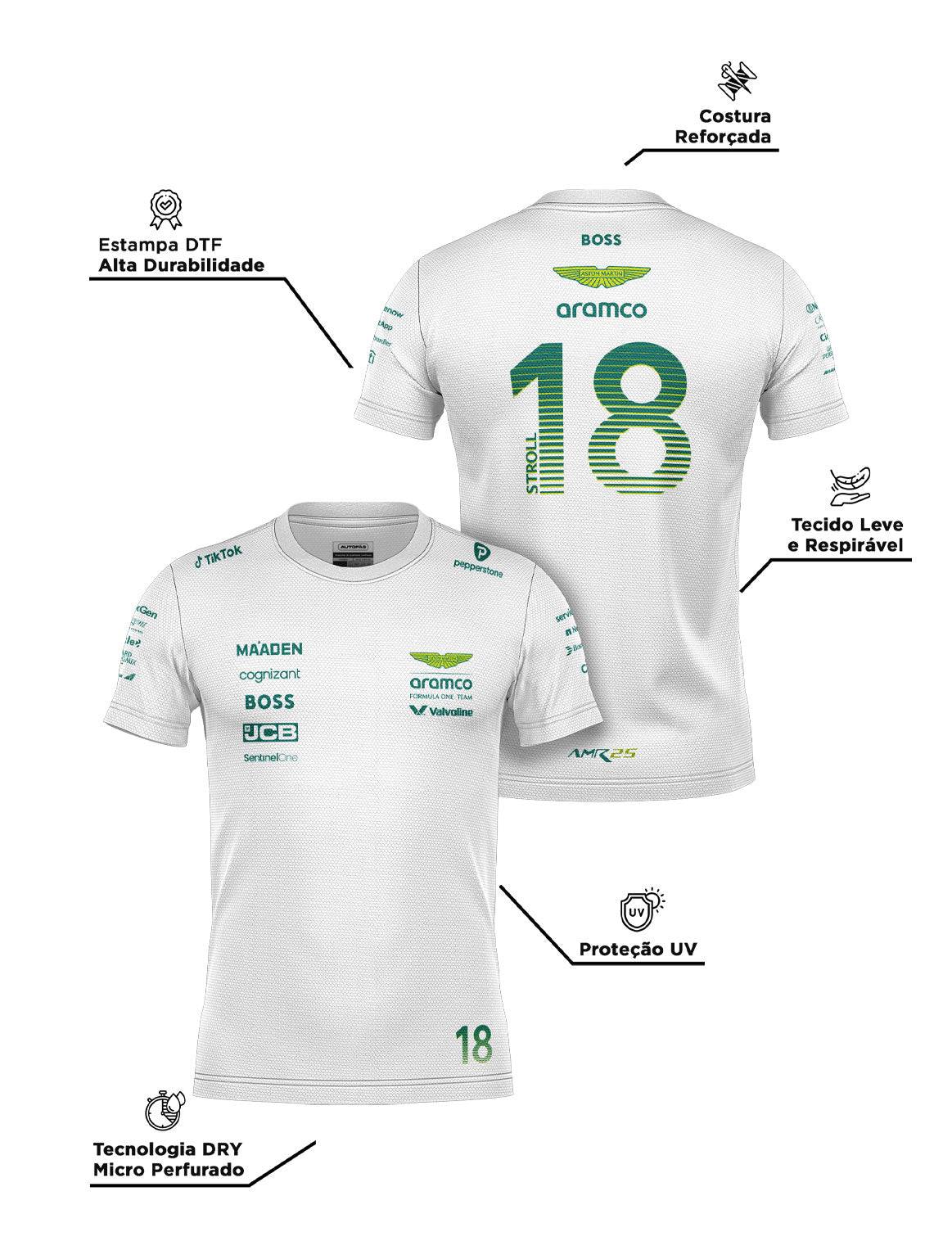 Camiseta Dryfit Aston Martin Lance Stroll Branco 2025