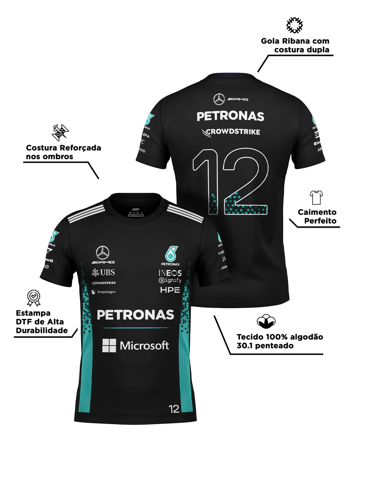 Camiseta Kimi Antonelli Mercedes F1 2026 Preta Algodão