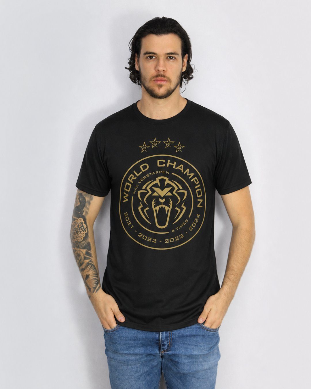 Camiseta Max Verstappen Campeão Mundial 2024 Preta Algodão
